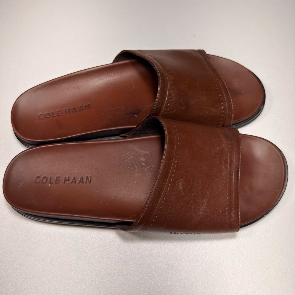 Cole Haan Mens Leather Slide Sandals Brown Grand Perforated Slides Size 12 M - Picture 11 of 12